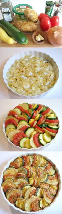 Parmesan Vegetable Spiral: a bed of onions is topped by a medley of veggies (tomatoes, potatoes, squash and zucchini) then drizzled w EVOO, sprinkled w Parmesan cheese and roasted to perfection. Gorgeous new way to eat your veggies! Recipe Link: recipebyphoto.com