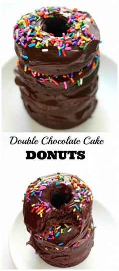 
                    
                        Double Chocolate Cake Donuts - Baked,  not fried, these double chocolate cake donuts are topped with chocolate ganache and rainbow sprinkles!
                    
                