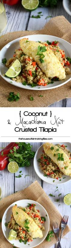 
                    
                        Tender tilapia filets with a sweet and spicy crust of macadamia nuts, coconut and lime! #glutenfree #healthy #skinny #coconutcrusted
                    
                