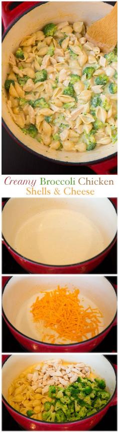Creamy Broccoli Chicken Shells and Cheese - This is made lighter yet it's so incredibly DELICIOUS!! Finally a meal the whole family can agree on. | chicken and pasta dinner recipes
