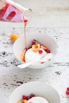 
                    
                        honey buttermilk creams with red currants, blush cherries and strawberry consommé
                    
                