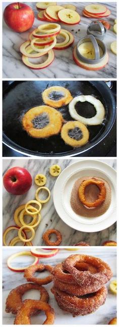 
                    
                        Cinnamon apple rings | A quick and delicious snack of sliced apple rings dipped in a yogurt batter, fried, and topped with cinnamon-sugar.
                    
                