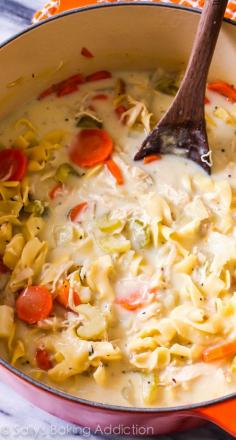 
                    
                        Only 200 calories in this hearty, comforting soup! Creamy Chicken Noodle Soup is my favorite.
                    
                