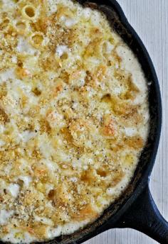 A very Cheesy Yum's Up! for this Four Cheese baked skillet rigatoni prepared in a Lodge Cast Iron Skillet!!