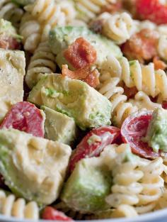 Creamy Bacon Tomato and Avocado Pasta Salad Recipe. Tried it 6/1/14, yummy!