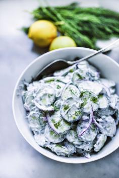
                    
                        Cool crunchy refreshing... Turkish Cucumber Salad with creamy yogurt dressing and fresh dill and mint! Gluten Free!
                    
                