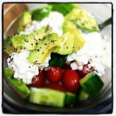 
                    
                        cottage cheese, avocado, cucumber, grape tomatoes and cracked black pepper {so good, and will keep you full for hours}.
                    
                