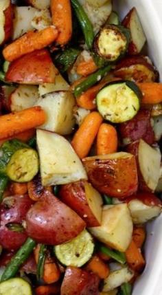 
                    
                        Roasted Herb Veggies ~ Red Potatoes, Yellow Bell Pepper, Green Beans, Zucchini, Carrots, and Onion. Toss with Olive Oil, Fresh Thyme, Lemon Juice, Salt & Pepper, and Garlic. Roast at 450°F for 35-45 mins.
                    
                