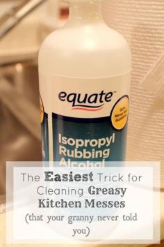 The Creek Line House: The Easiest Trick for Cleaning Greasy Kitchen Messes: Isopropyl is volatile which means that it evaporates quickly, creating flammable fumes. Never use rubbing alcohol near open flames or while smoking. (Gas stove owners be careful!) It does break down greasy messes but not the burned on food. The picture is great but the link it leads to doesn't provide as much info as this link http://www.home-ec101.com/how-to-use-rubbing-alcohol-safely/