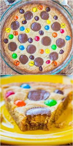 Triple Peanut Butter Cookie Pie - If you love PB, this soft & chewy pie is jam-packed with PB Cups & PB M&Ms! Because you can never have too much PB! IM IN LOVE Oh this is not something to see now lol sweet tooth over load!!!