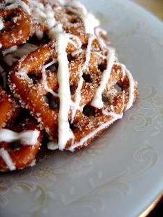 
                    
                        White Chocolate Cinnamon Pretzels -these are super easy to make and yummy...i used pam cooking oil instead of pouring oil on them...and just sprinkled the cinnamon sugar mix on them..made them less clumpy,...i also added shortening to the white chocolate chips...
                    
                