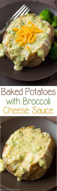 
                    
                        Baked Potatoes with Broccoli Cheese Sauce - this sauce is so easy to make (there's a slow cooker baked potato recipe too) and it's so good you'll want to just eat it by the spoonful! It's perfectly thick and creamy for potatoes.
                    
                