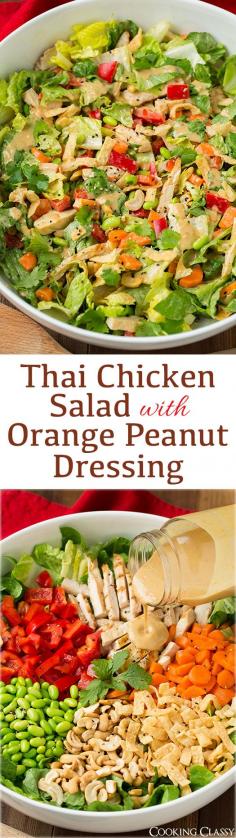 
                    
                        Thai Chicken Salad with Orange Peanut Dressing - this salad was seriously delicious!! I'm going to crave it all the time now! Romaine, grilled chicken, edamame, red bell, carrots, cashews, cilantro and wonton strips with an amazing peanut dressing!
                    
                