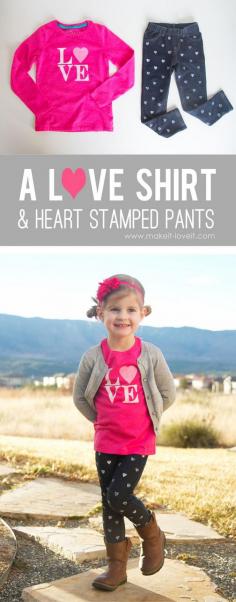 
                    
                        DIY Valentine's Day Clothing: a LOVE shirt and Mini Heart Stamped Pants | via Make It and Love It
                    
                