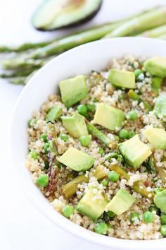 
                    
                        Healthy Quinoa Salad with Asparagus, Peas, Avocado & Lemon Basil Dressing on www.twopeasandthe... This simple healthy salad is perfect for spring!
                    
                