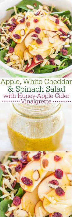 
                    
                        Apple, White Cheddar, and Spinach Salad with Honey-Apple Cider Vinaigrette - The flavors just POP in this fast, easy, and healthy salad!
                    
                