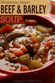 
                    
                        Homemade Beef and Barley Soup Recipe: for the crockpot OR the stove-top!  Thick, hearty, easy and delicious.  This is one of my family's FAVOURITES!  Soooo good!  - Happy Hooligans
                    
                