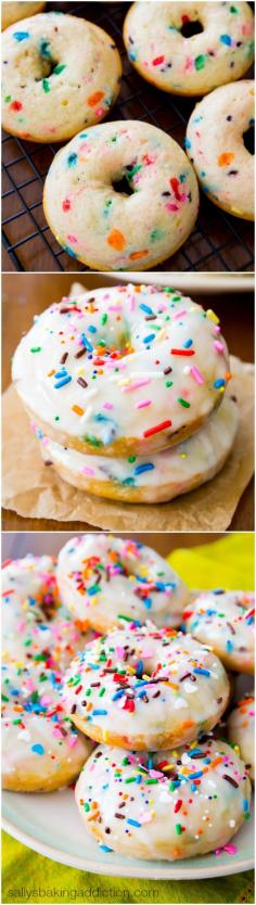 Baked Funfetti Donuts - Vanilla Glazed Donuts filled and topped with sprinkles.