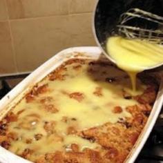 grandma's old-fashioned bread pudding with vanilla sauce. easy to do!  #food #recipe #desserts #bread_pudding