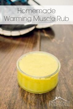 
                    
                        This homemade warming muscle rub is perfect for sore achy muscles! Like IcyHot or Bengay but it doesn't smell bad!
                    
                