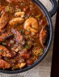 “Gumbolaya” , a cozy stew with spicy sausage, chicken and shrimp...could sub a firm fish for the shrimp to take care of a shellfish allergy.