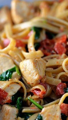 
                    
                        Chicken Pasta with Roasted Red Pepper Cream Sauce ~ ready in 30 minutes or less.
                    
                