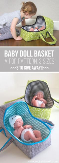 
                    
                        Baby Doll Basket Carrier...a PDF pattern, 3 sizes, plenty of pictures.  3 patterns to GIVE AWAY! | via Make It and Love It
                    
                