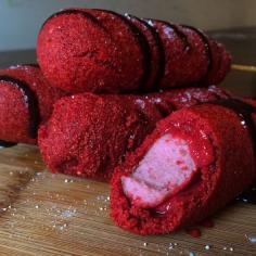 
                    
                        These Corn Dogs are Battered in Red Velvet Cake Mix #desserts trendhunter.com
                    
                