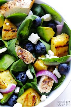 Grilled Pineapple, Chicken  Avocado Salad -- leave the pineapple plain, or pop it on the grill or (indoor) grill pan, and this delicious salad is great year-round! | http://gimmesomeoven.com