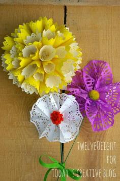 How to Make Paper Doily Flowers by TwelveOeight sharing some fun paper flowers you can make to brighten your home, or even make a sweet surprise for someone you love. A few easy to find components to make some bright flowers that you don’t need to water, and they won’t be wilting anytime soon.