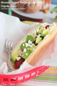 *Avocado Topped Hot Dogs with Creamy Chipotle Sauce - #hot #dog #dogs #recipes