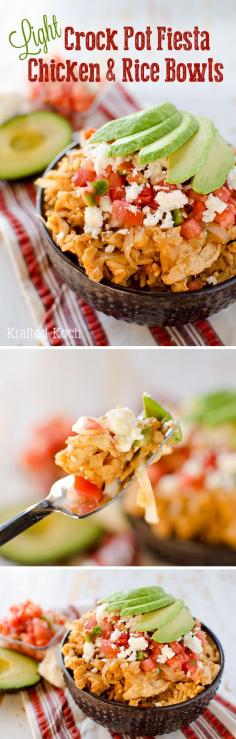 
                    
                        Light Crock Pot Fiesta Chicken & Rice Bowls - An easy weeknight dinner recipe, loaded with bold Mexican flavor, made in your slow cooker for a healthy and delicious dinner.
                    
                