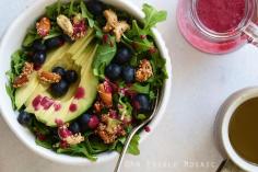 
                    
                        Arugala Breakfast Salad with Stovetop Maple Nut Brittle and Blueberry Lemon Dressing
                    
                