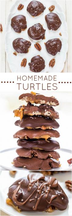 Homemade Turtles - Fast, easy, no-bake and just 4 ingredients! Chewy, gooey, salty-and-sweet! Homemade always tastes better! Yum!!  Averie Cooks