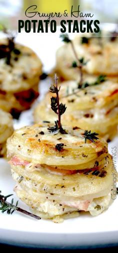 
                    
                        Gruyere and Ham Potato Stacks ~ If you can slice and layer, than you can make these cheesy, creamy tender potatoes layered with buttery herb potatoes, Gruyere and ham - the perfect insanely delicious special occasion side!
                    
                