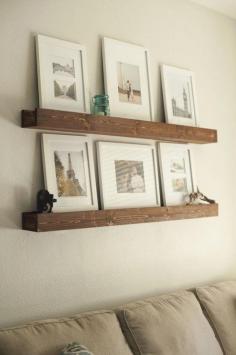 Create a DIY Photo Gallery with Style • Lots of Ideas  Tutorials! Including these barn beam photo ledges from this humble home.