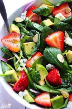 
                    
                        Avocado Strawberry Spinach Salad with Poppy Seed Dressing !! 6 cups fresh baby spinach 1 pint strawberries, hulled and sliced 1 avocado, diced 4 ounces crumbled gorgonzola 1/4 cup sliced almonds, toasted half a small red onion, thinly sliced www.gimmesomeoven...
                    
                