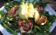 grilled haloumi cheese with avocado salad
