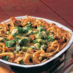 Cheddar Broccoli Bake Recipe - Cheddar cheese sauce and savory onion rings top colorful broccoli for a tasty side dish that's an instant classic.