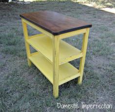 
                    
                        Distressed yellow shelf with wood top
                    
                