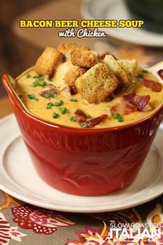 
                    
                        Bacon Beer Cheese Soup.  It is VERY SPICY if you use the suggested amount of spices.  So unless you handle wicked hot, sweaty forehead spicy, you may want to cut it back a little.  A really easy, delicious soup.
                    
                