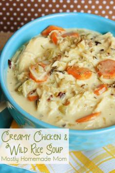 Creamy Chicken  Wild Rice Soup - This stove top soup is perfect for the cooler months! Chicken, carrots, celery, and onion simmer in a creamy chowder broth. Pure comfort food!