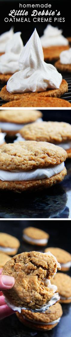 Oatmeal cream pies. Claim is: better than the original.  Two large, soft, delicate, chewy, buttery, molasses oatmeal cookies sandwiching vanilla creme frosting filing. Carlsbad Cravings