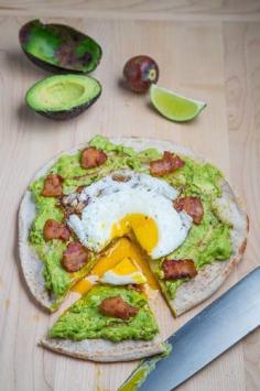
                    
                        Avocado Breakfast Pizza with Fried Egg1/2 cup avocado, mashed 1/2 lime, juice salt and pepper to taste 1 pita, lightly toasted 1 egg, fried 1 strip bacon, cut into 1 inch sliced, fried and draind (optional) 1 tablespoon queso fresco, crumbled (optional) Directions Mix the avocado, lime juice, salt and pepper, spread it on the toasted pita and top with fried egg and other toppings.
                    
                