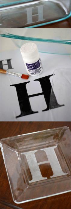 
                    
                        How to personalize glass using etch medium - this is so easy and makes a great gift! You can do plates, casserole dishes, and more.
                    
                