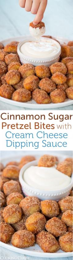 
                    
                        Copycat Auntie Anne's Cinnamon Sugar Pretzel Bites with Cream Cheese Dipping Sauce - I used to always get Auntie Anne's pretzel nuggets at the mall and these taste just like them!
                    
                