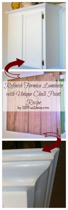 
                    
                        REFINISH FORMICA LAMINATE WITH UNIQUE CHALK PAINT RECIPE. Turn your old formica laminate into beautiful custom cabinet with this unique chalk paint recipe. By Jenise @ DIYFUNIDEAS.COM
                    
                