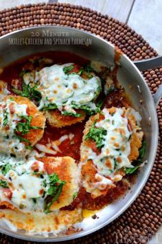 20 Minute Skillet Chicken and Spinach Parmesan | MomOnTimeout.com  Try this in our Gourmet Skillet! http://www.kitchencharm.ca/products/cookware/sets/kitchen-charm-6-piece-gourmet-skillet-set/ #delicious #food #hearty #chicken #recipes #healthy #goodeats #eatwell
