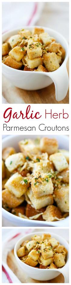 
                    
                        Garlic Herb Parmesan Croutons – amazing and super crispy croutons at home with this easy recipe that takes only 25 mins from prep to dinner table | rasamalaysia.com
                    
                