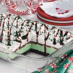 A perfect party dessert.   Festive Mint Cream Dessert Recipe  Festive Mint Cream Dessert Recipe photo by Taste of Home  Prep: 25 min. + freezing Yield: 24 Servings  Ingredients 3/4 cup butter, divided 1 package (16 ounces) chocolate cream-filled sandwich cookies, crushed 8 cups mint chocolate chip ice cream, softened 1-1/2 cups milk chocolate chips 1 cup confectioners' sugar 3/4 cup evaporated milk 1 carton (16 ounces) frozen whipped topping, thawed Chocolate syrup and red and green sprinkles, optional  Directions In a microwave, melt 1/2 cup butter. Stir in cookie crumbs. Press into a 13-in. x 9-in. dish. Freeze for 30 minutes or until firm. Spread ice cream over crust; return to the freezer until firm.  In a large saucepan, combine chocolate chips, confectioners' sugar, milk and remaining butter. Bring to a boil, stirring frequently. Cook and stir for 3-5 minutes or until thickened. Cool to room temperature. When cool, spread over ice cream; return to freezer until firm.  Spread whipped topping over ice cream (dish will be full). Cover and freeze for until firm or overnight.  Remove from the freezer 15-20 minutes before serving. If desired, drizzle with chocolate syrup and top with sprinkles. Yield: 24 servings.  Nutritional Facts 1 serving (1 piece) equals 391 calories, 23 g fat (14 g saturated fat), 37 mg cholesterol, 223 mg sodium, 41 g carbohydrate, 1 g fiber, 4 g protein.